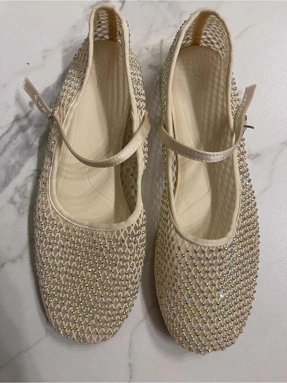 ZARA Rhinestone Mesh Mary Jane Ballet Flats Cream Size 39